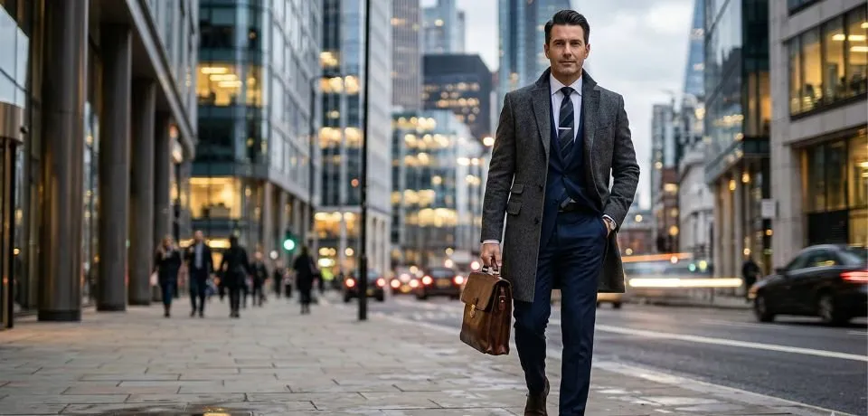 A man wearing a professional charcoal grey single-breasted overcoat, a top choice in men's coats.